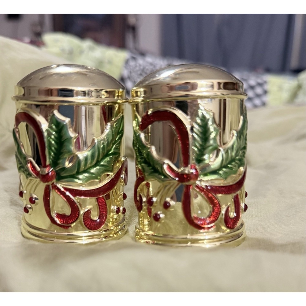 Lenox Holiday Nouveau Gold Brass Plate Salt & Pepper Shakers